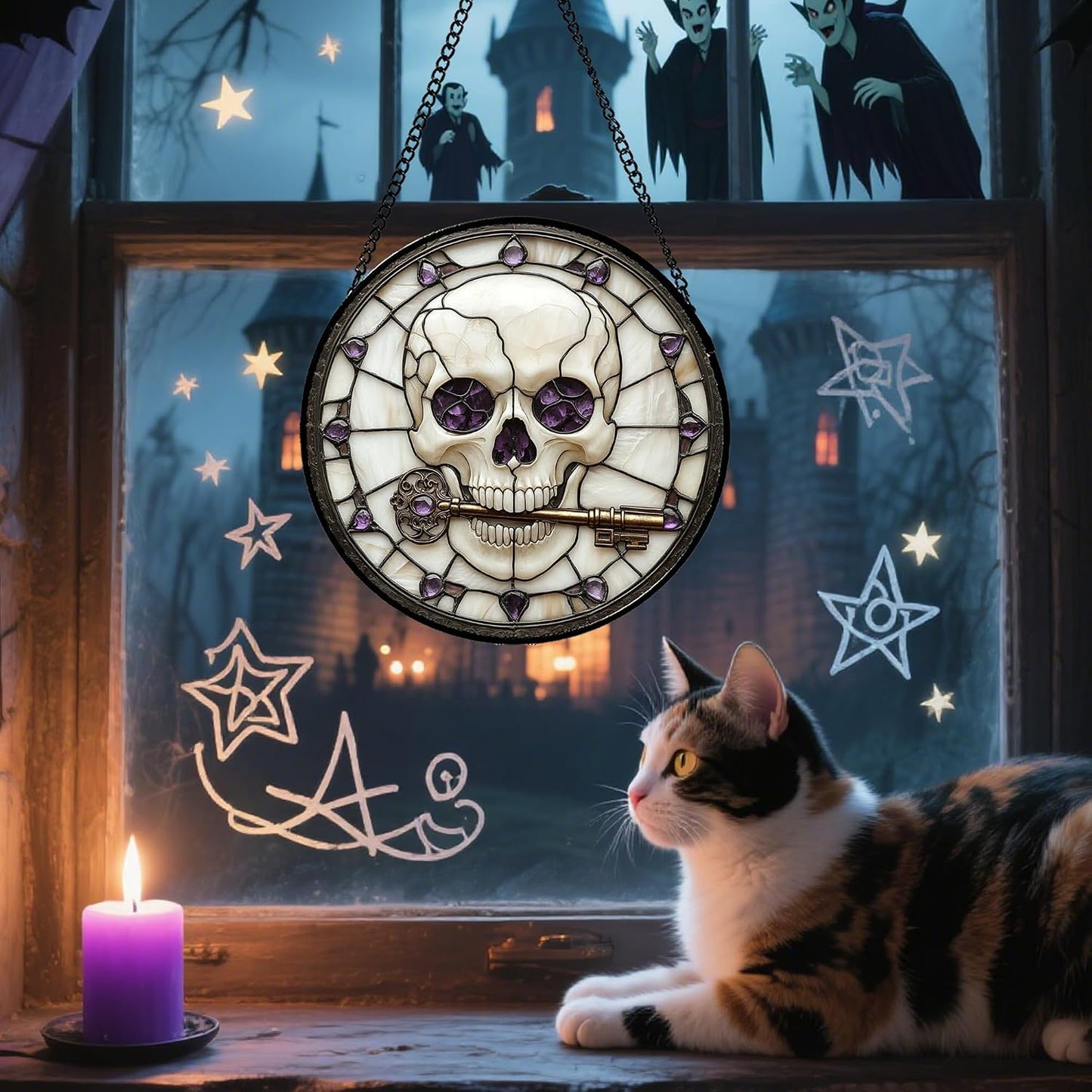Colgante vitral calavera Halloween llave esqueleto morado