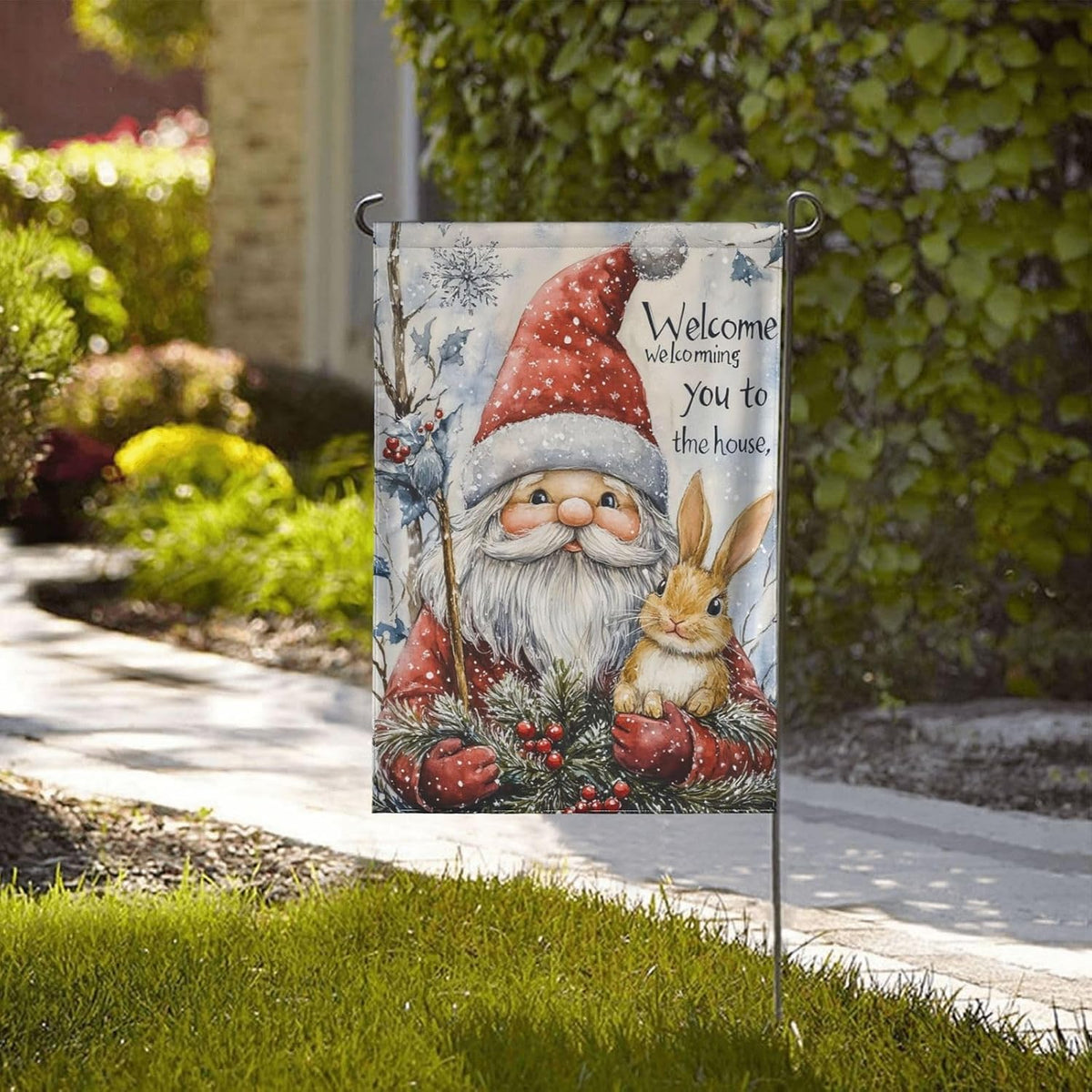 Bandera jardín Navidad gnomo conejo doble cara 12.5x18pulg yute