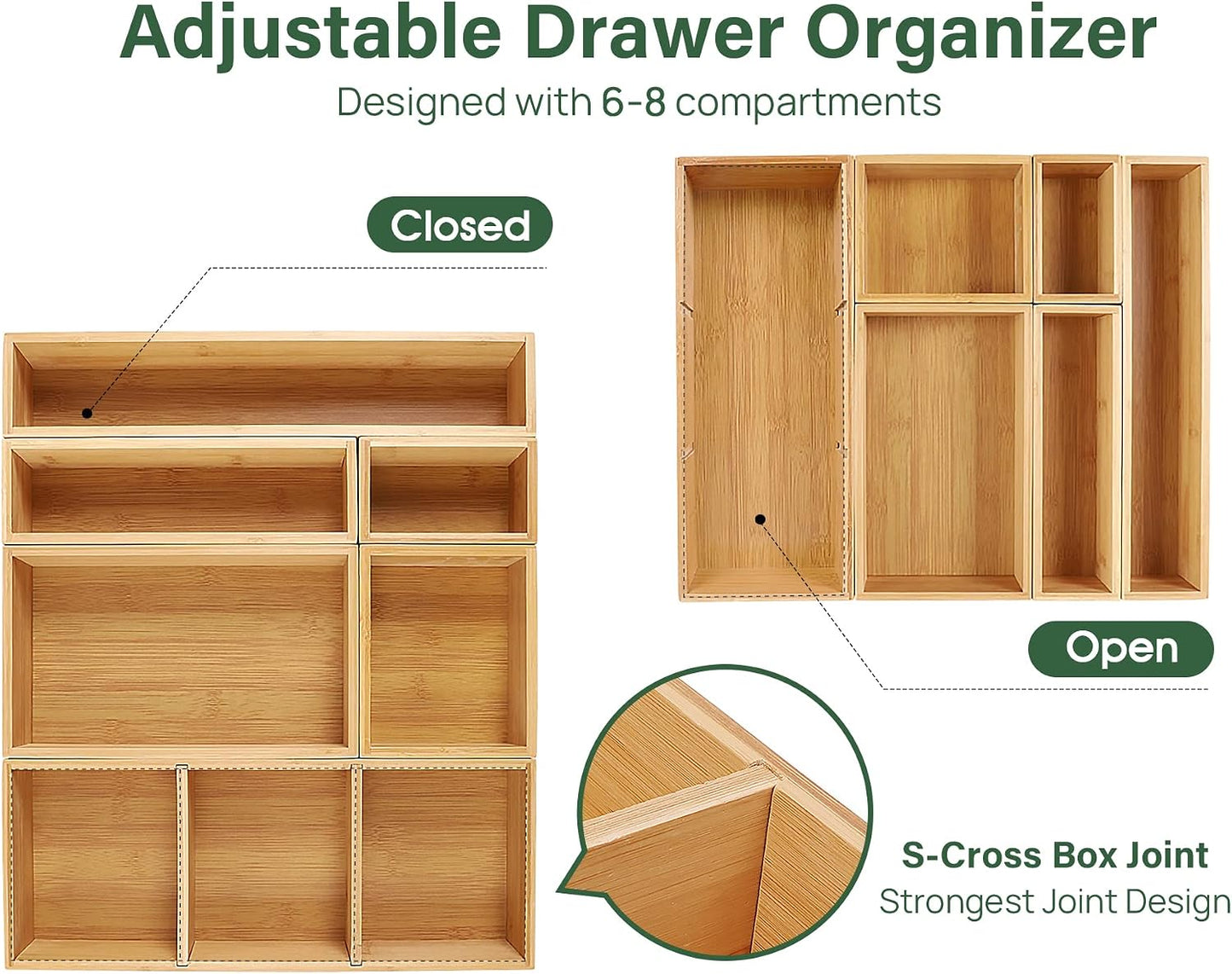 Organiz. cajones bambú separadores ajustables 6 pzas cocina