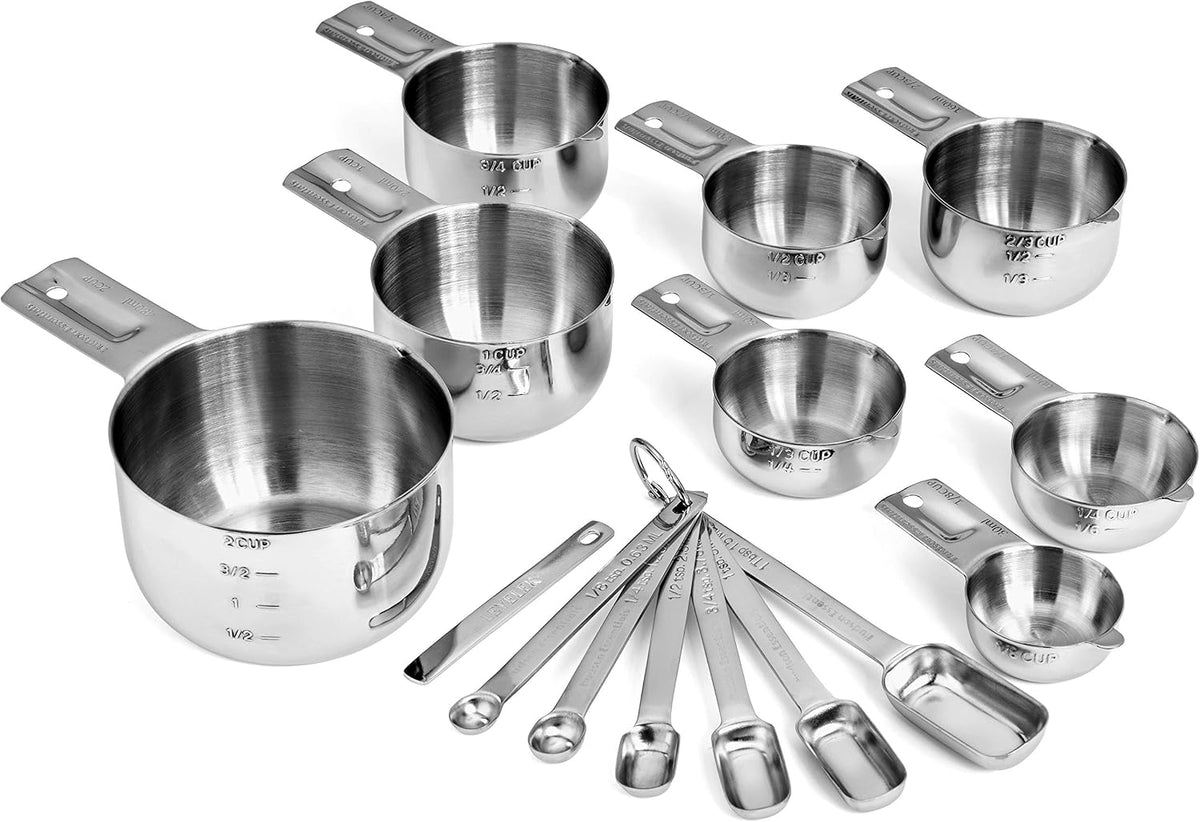 Set 15 Pzas Tazas y Cucharas Medidoras Acero Inox