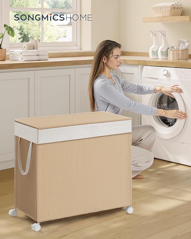 Canasta ropa sucia 140L con 3 secciones ratán tapa beige