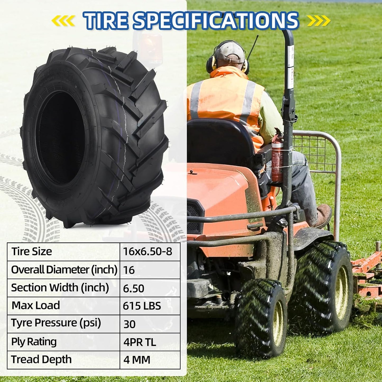 2 Neumáticos sin cámara 16x6.5-8 Alta Tracción Turf Saver
