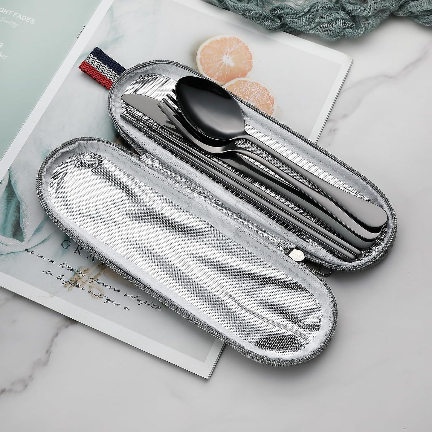 Juego cubiertos acero inox completo con funda negro