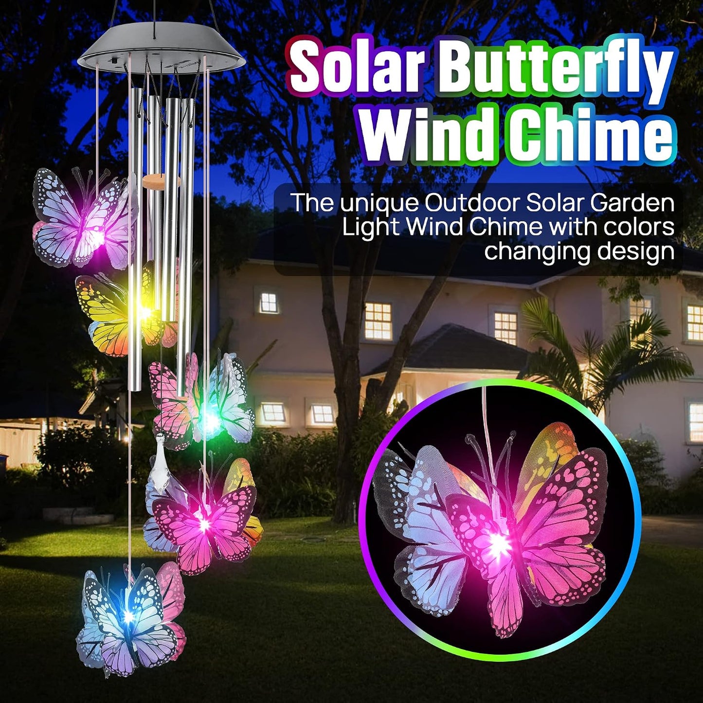 Campanillas viento solares mariposa cambio color 9.5x5.25"