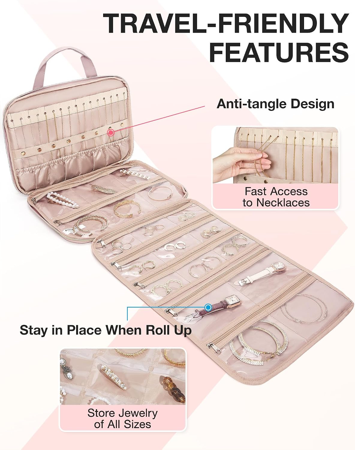 Bolsa joyas colgante con cremallera gran capacidad rosa