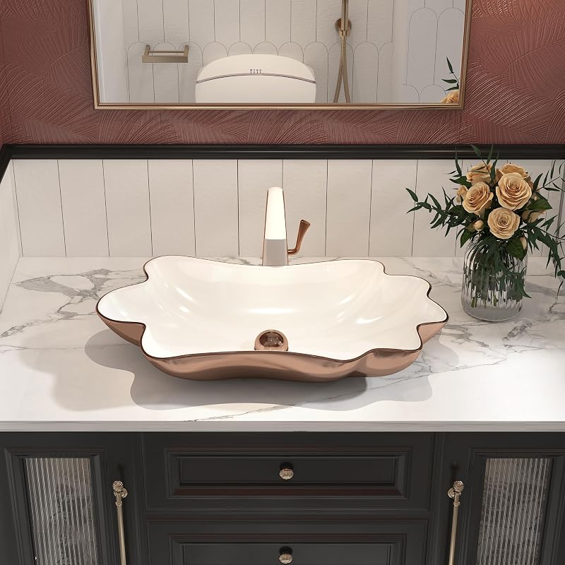 Lavabo cerámica flor loto 24" oro rosa con drenaje