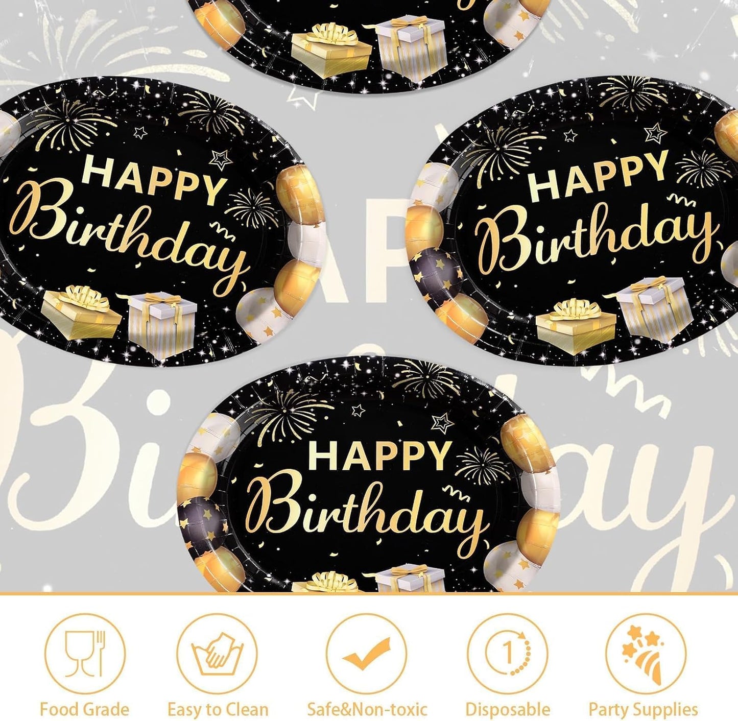 50 Platos Papel Ovalados 10x12pulg Negros y Dorados para Fiesta