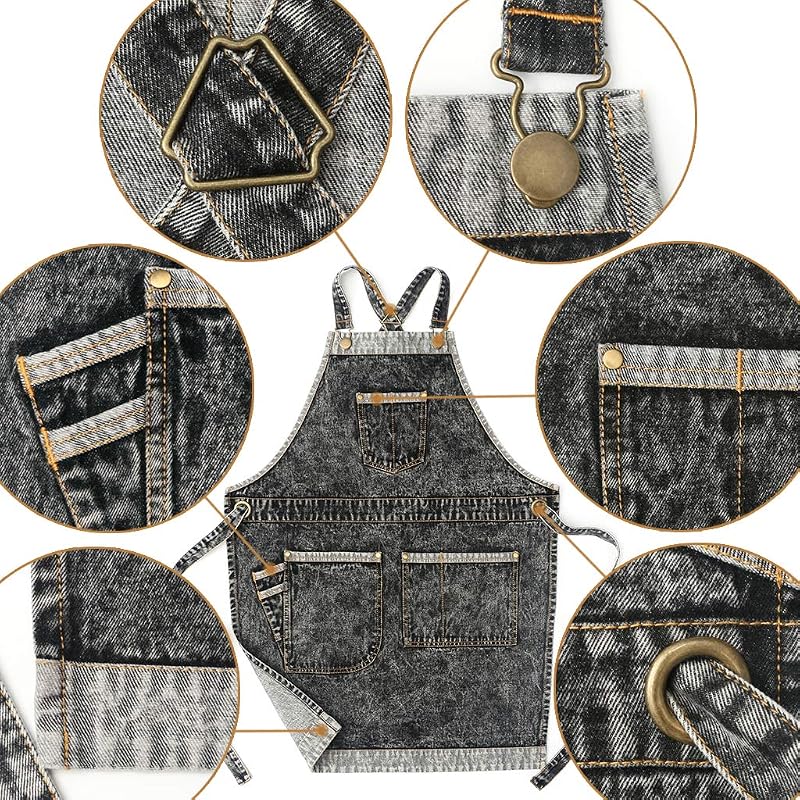 Delantal mezclilla con bolsillos ajustable S a XXXL Negro