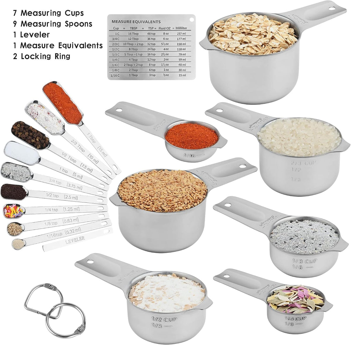 Set 7 Tazas y 9 Cucharas Medidoras Acero Inox