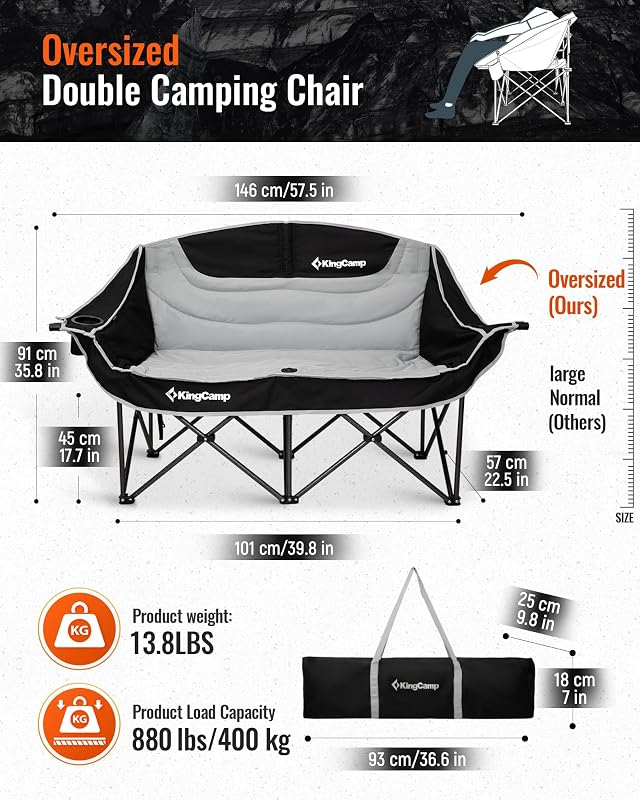 Silla campamento doble XL 660lb plegable acolchado para 2