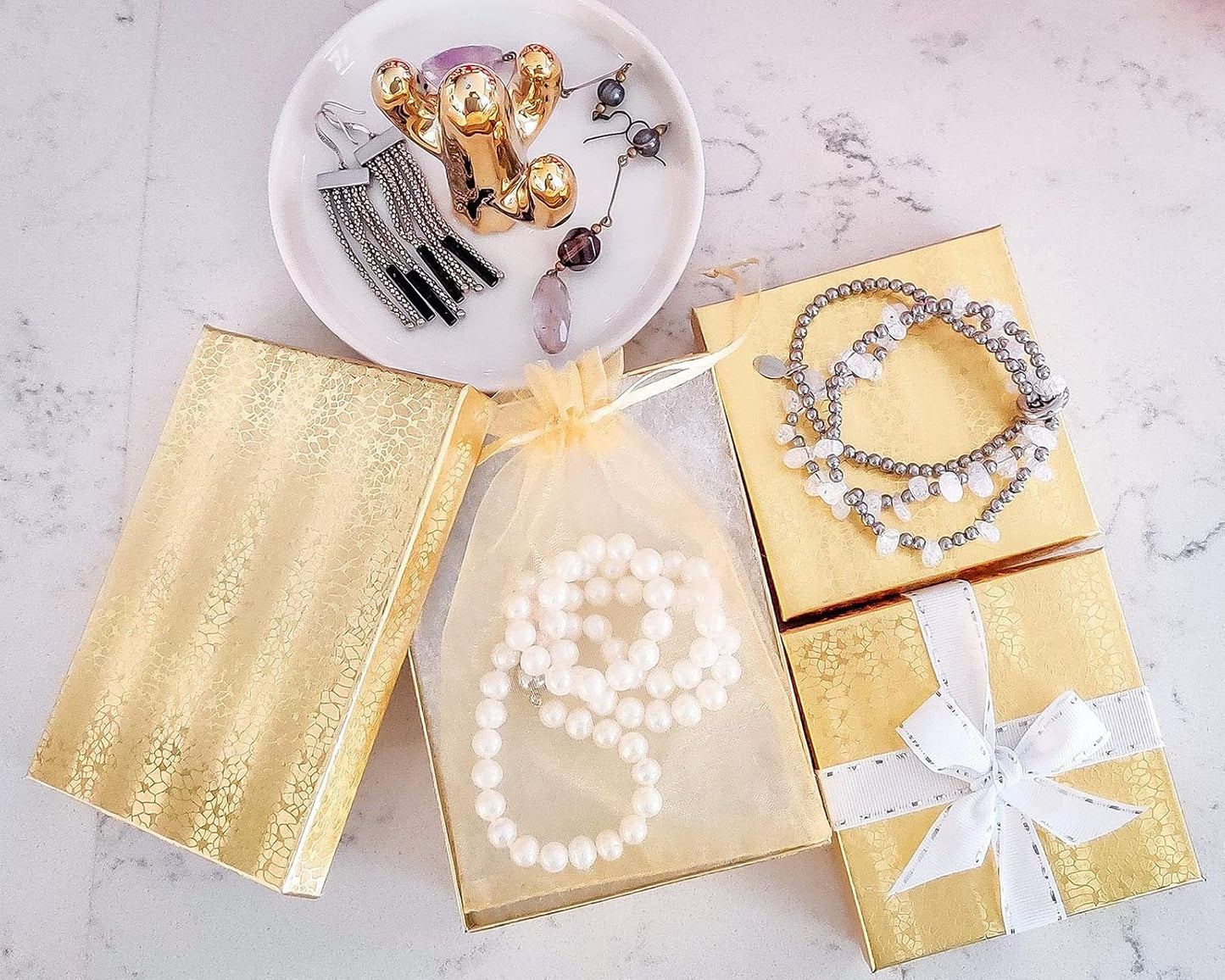 25 Cajas Regalo Cartón Relleno Algodón Dorado 3.9x3.9x2"