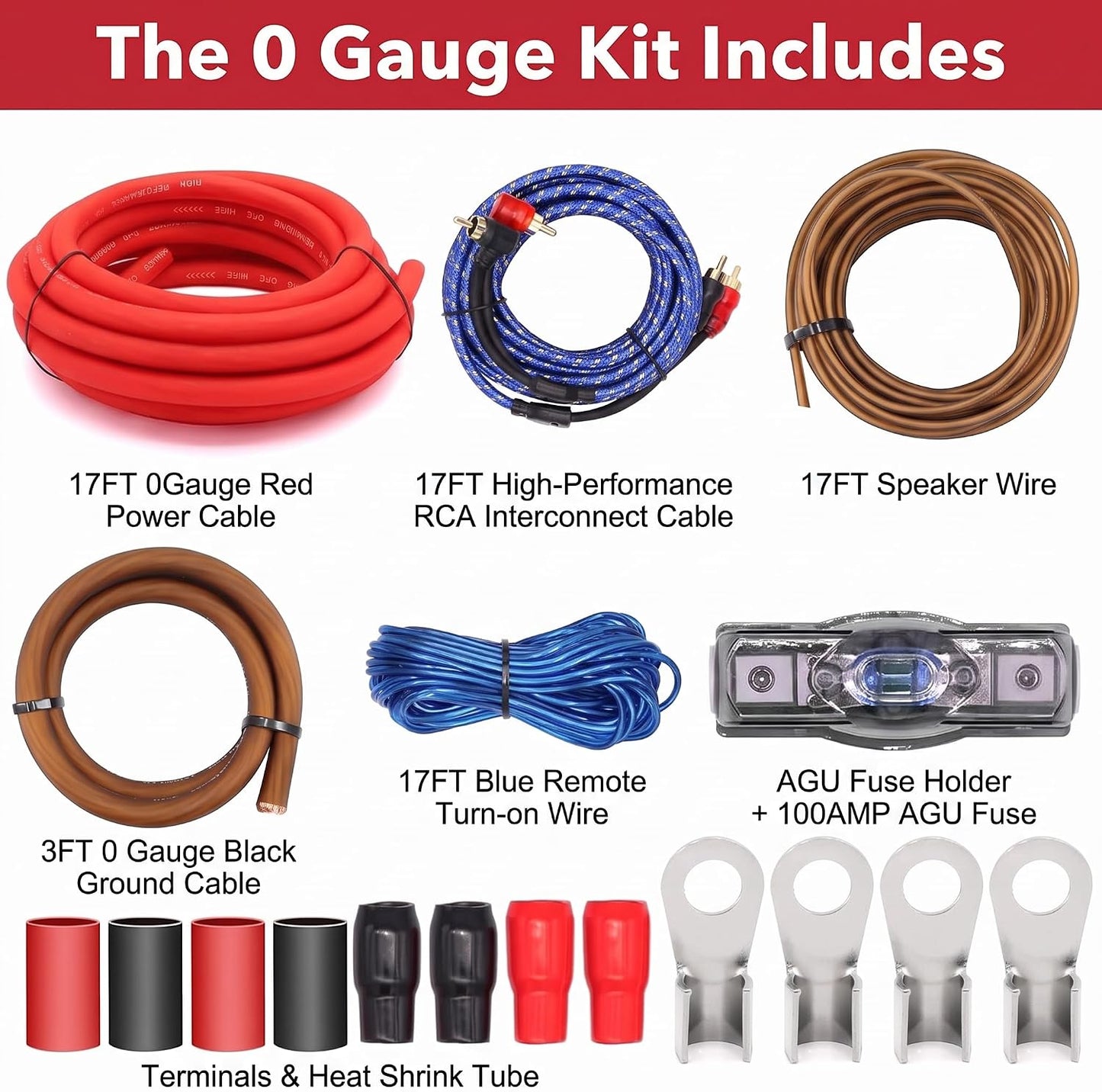 Kit cableado audio auto 17pies CCA 0AWG soporte fusible 100A