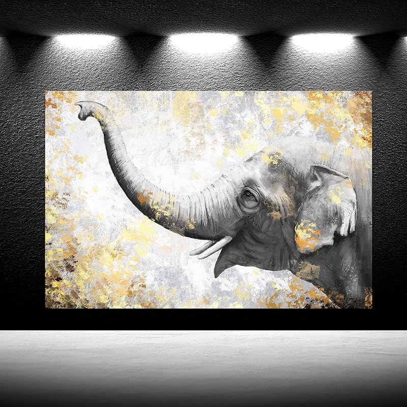 Lienzo moderno elefante dorado y gris 24x36pulg