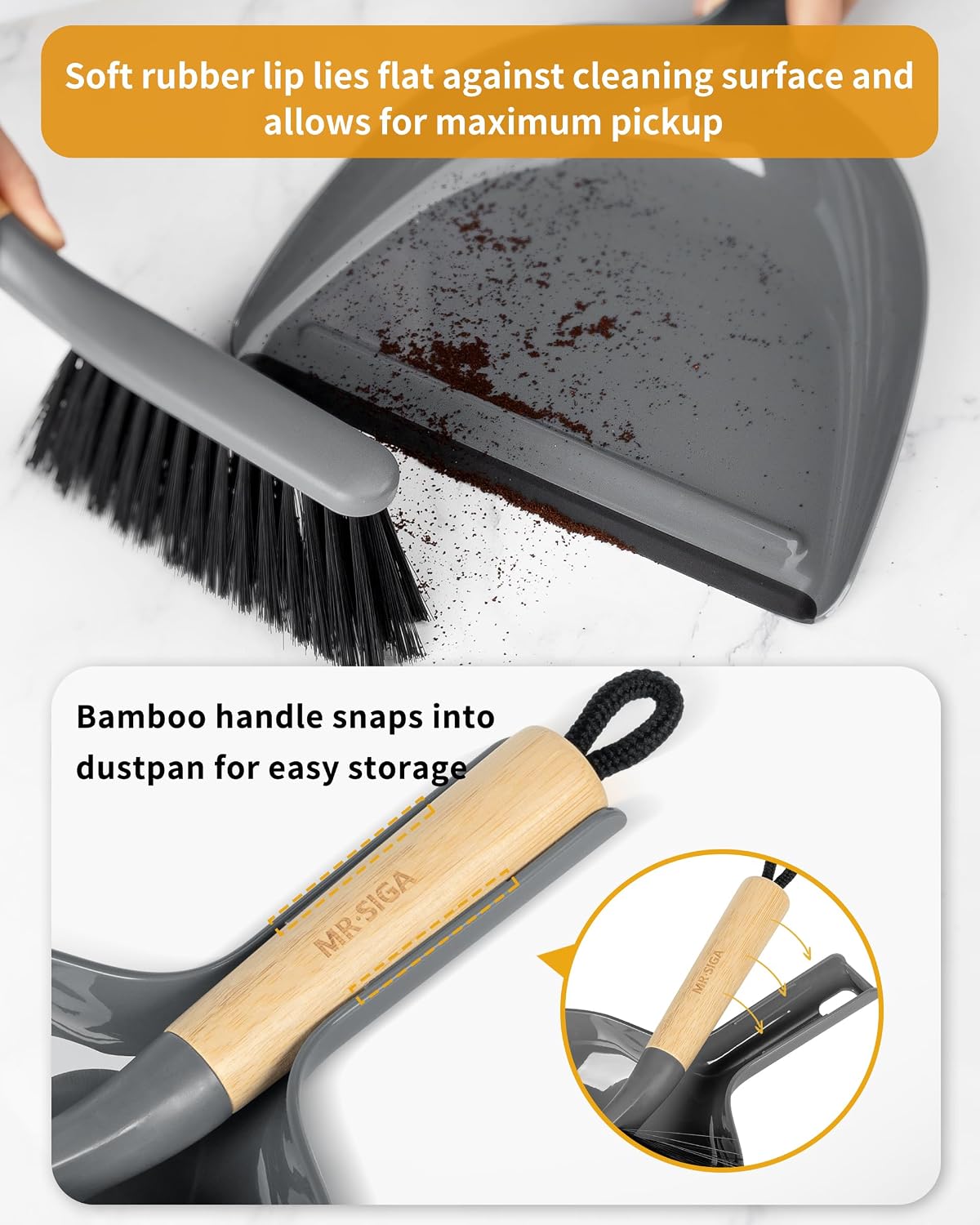 Juego recogedor y cepillo portátil mango bambú gris