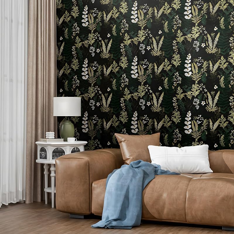 Papel tapiz floral negro autoadhesivo 17.4x393pulg
