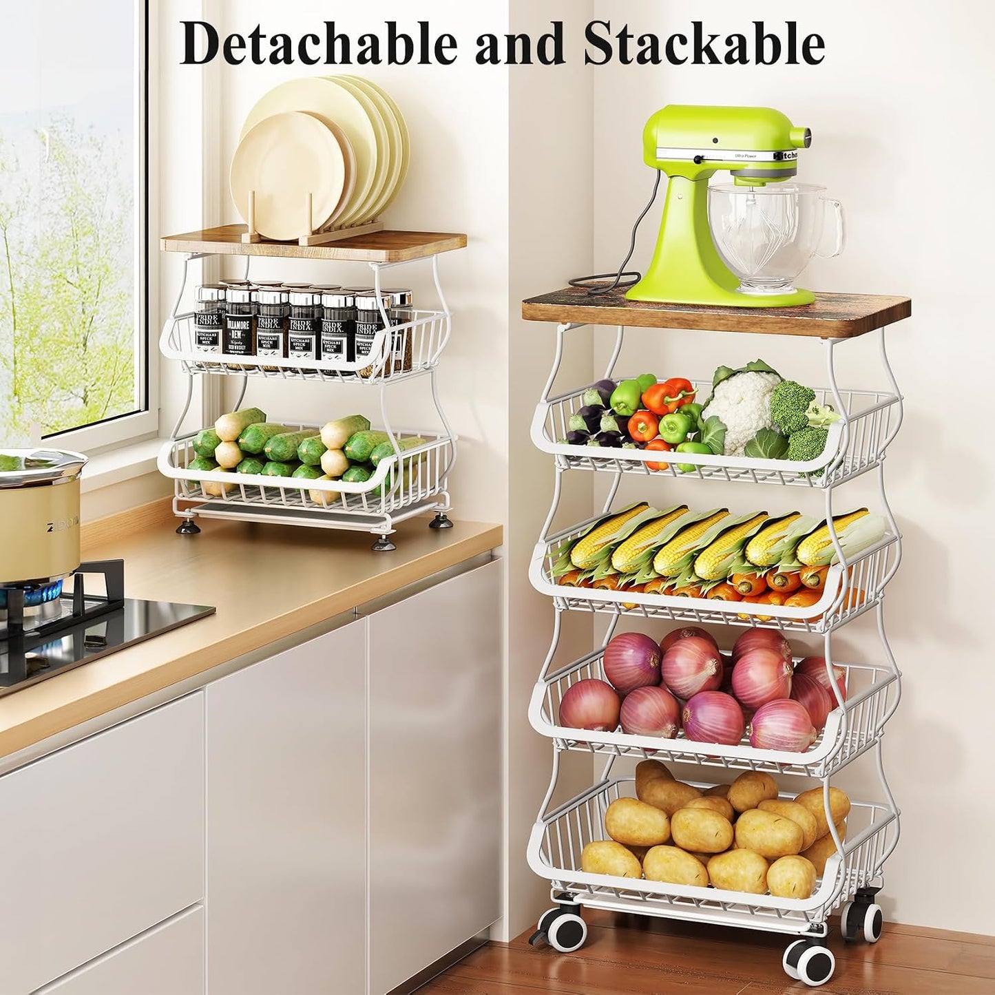 Cesta frutas cocina 5 niveles madera apilable con ruedas