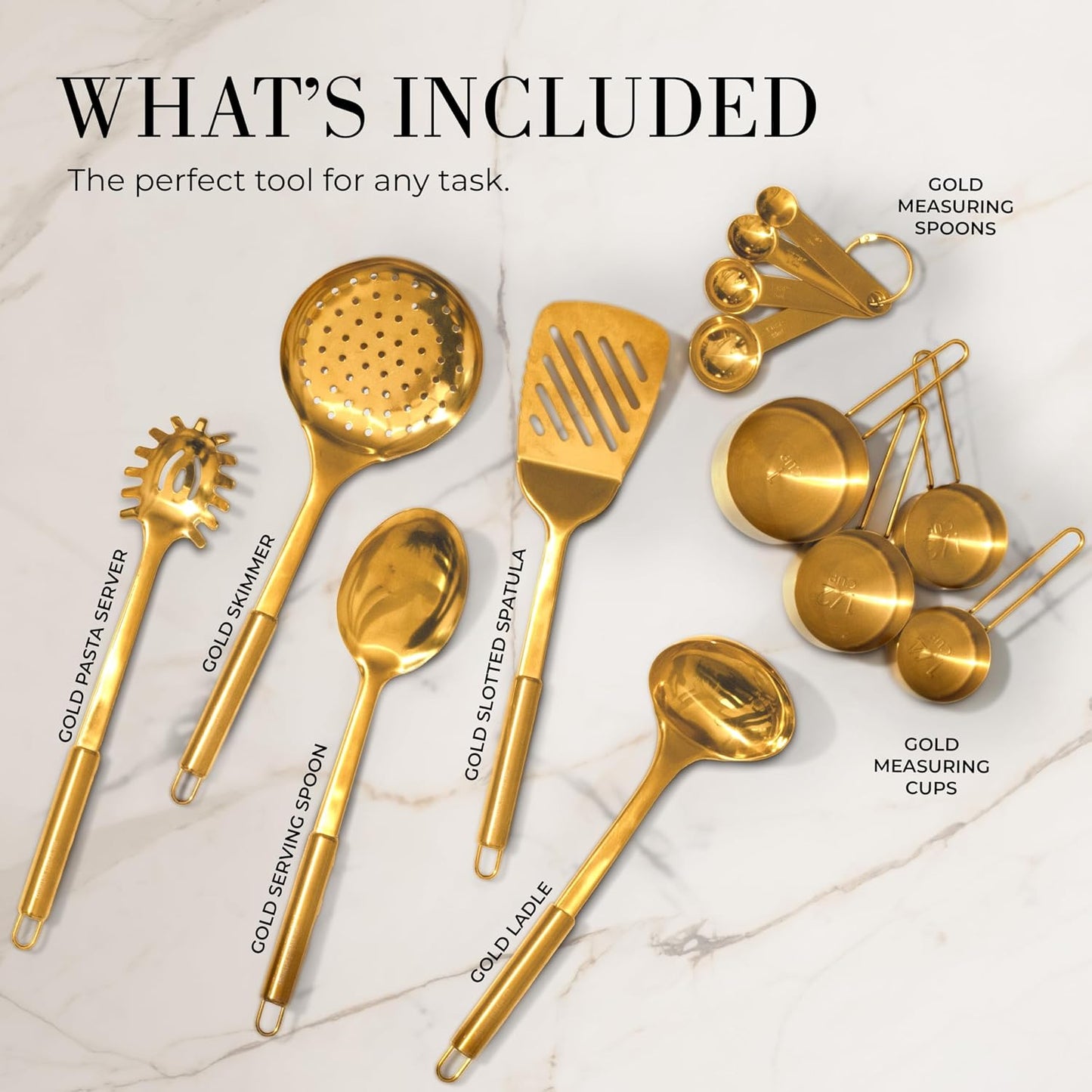 Juego utensilios cocina dorados 13 pzas tazas medidoras cucharas