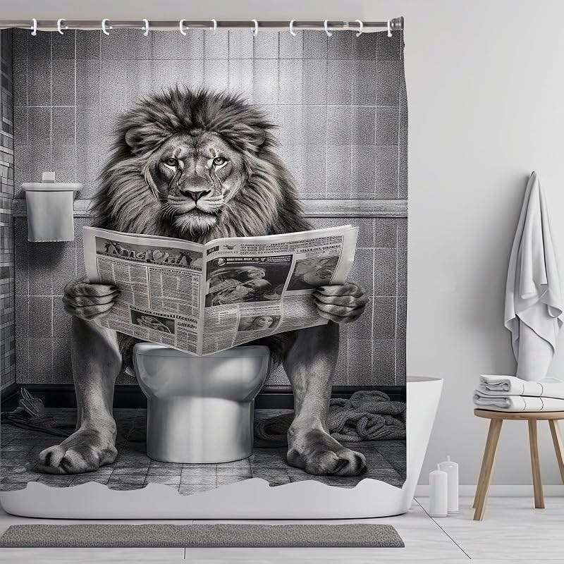 Cortina ducha león humor blanco y negro 72x72