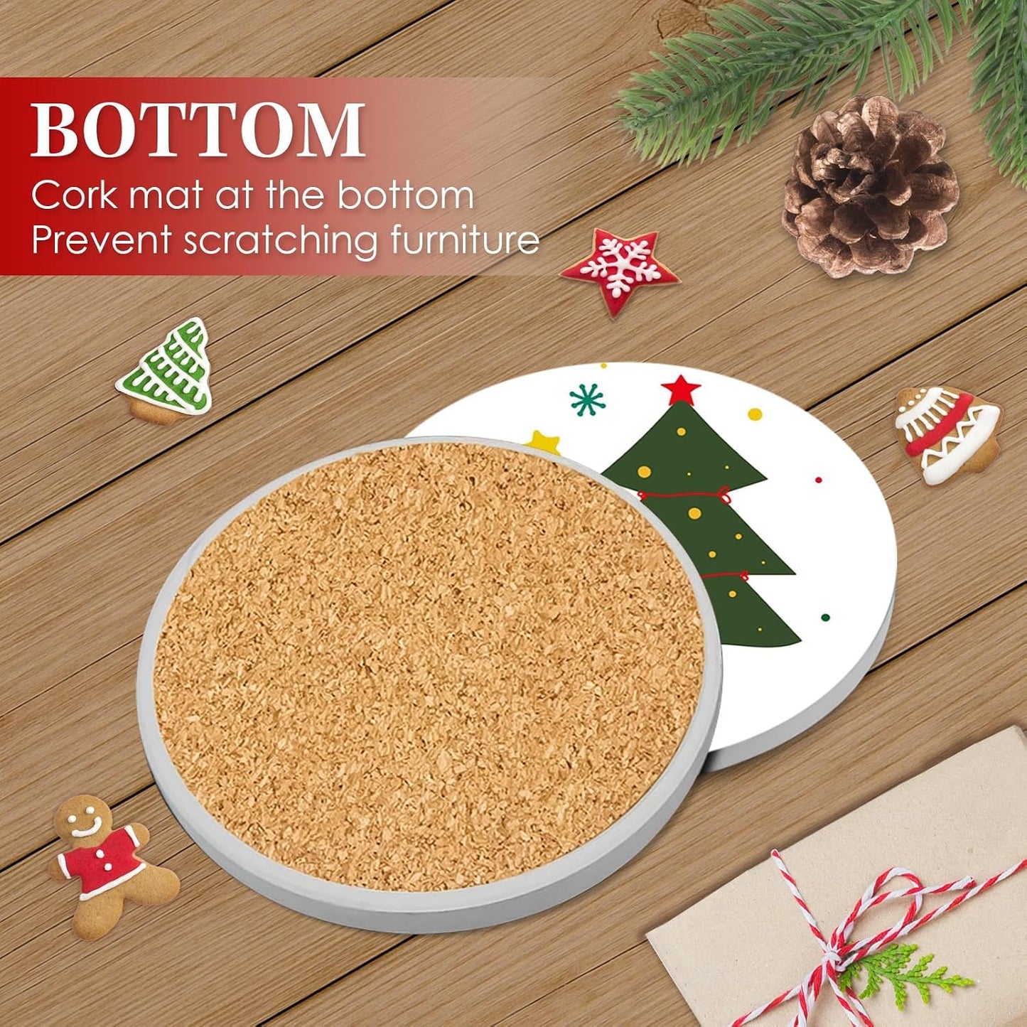 6 Pzas Posavasos Navidad con Base Corcho y Soporte Metal