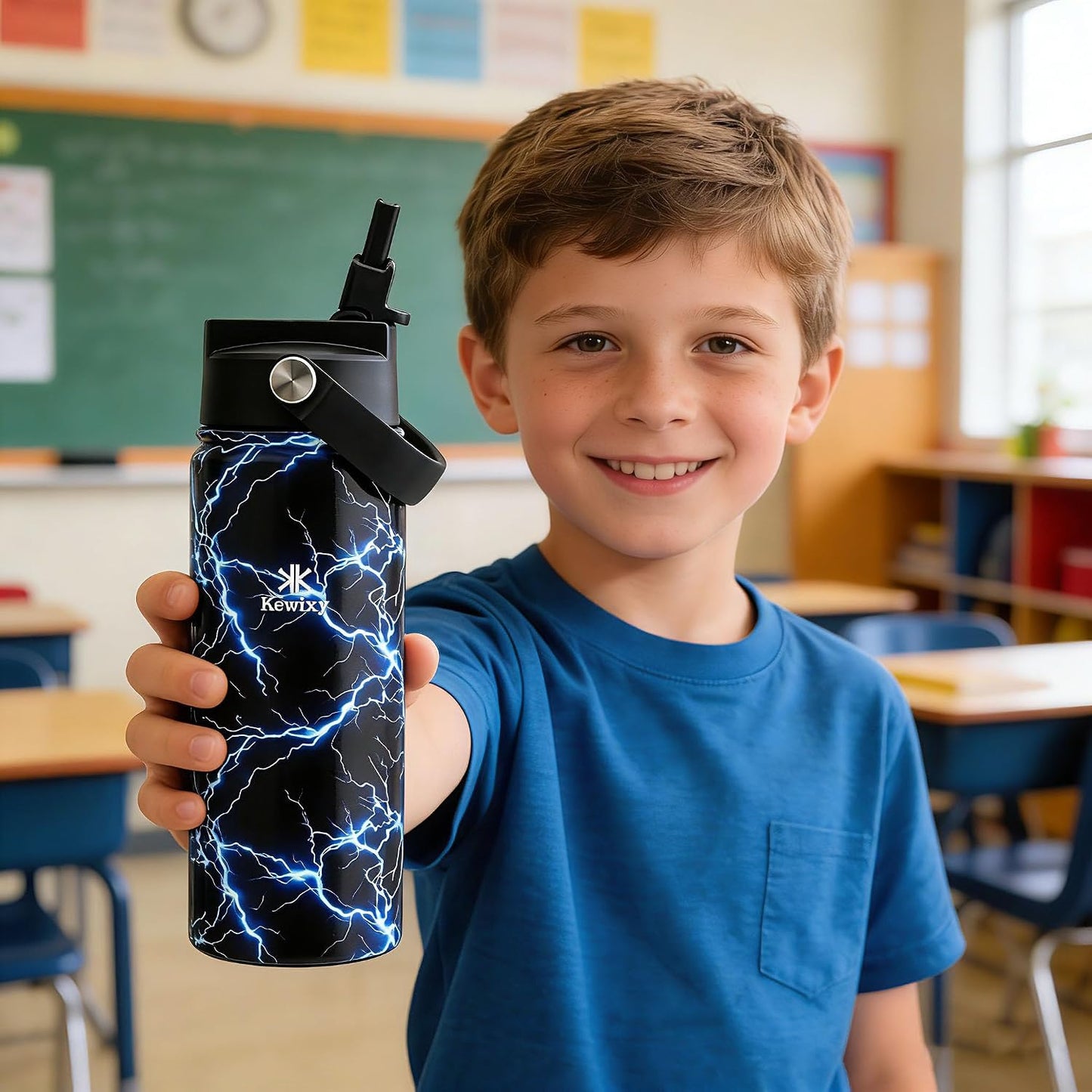 Botella agua niños 18oz popote tapa deslizante aislada acero inox