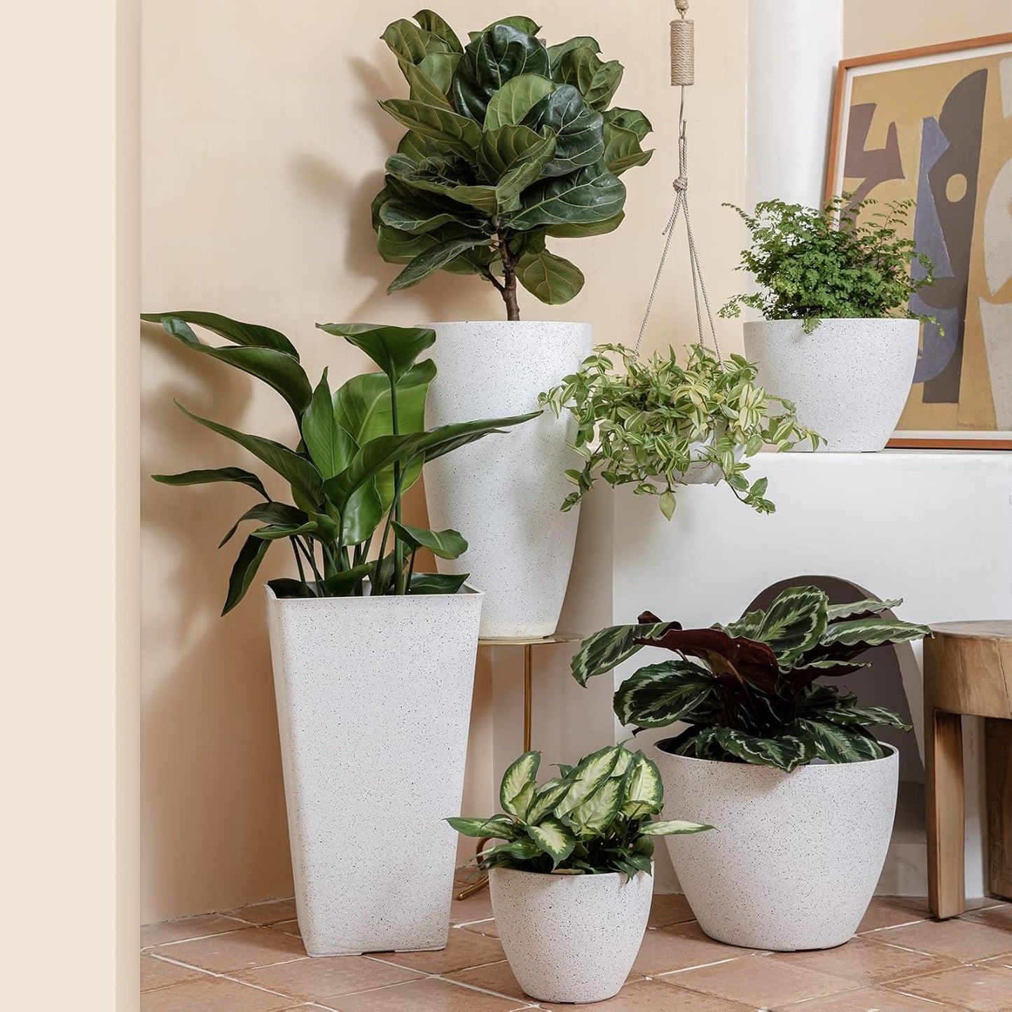 Macetas plástico blanco moteado set 2 19cm