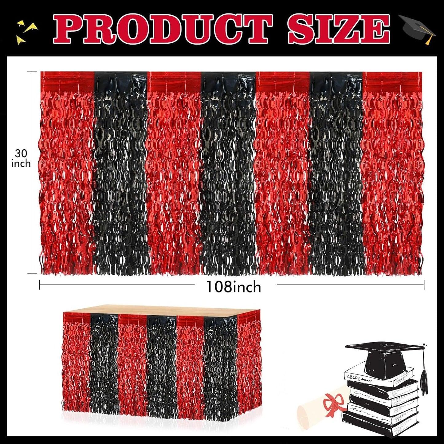 Decoraciones graduación 2026 108x30pulg rojo y negro flecos papel aluminio