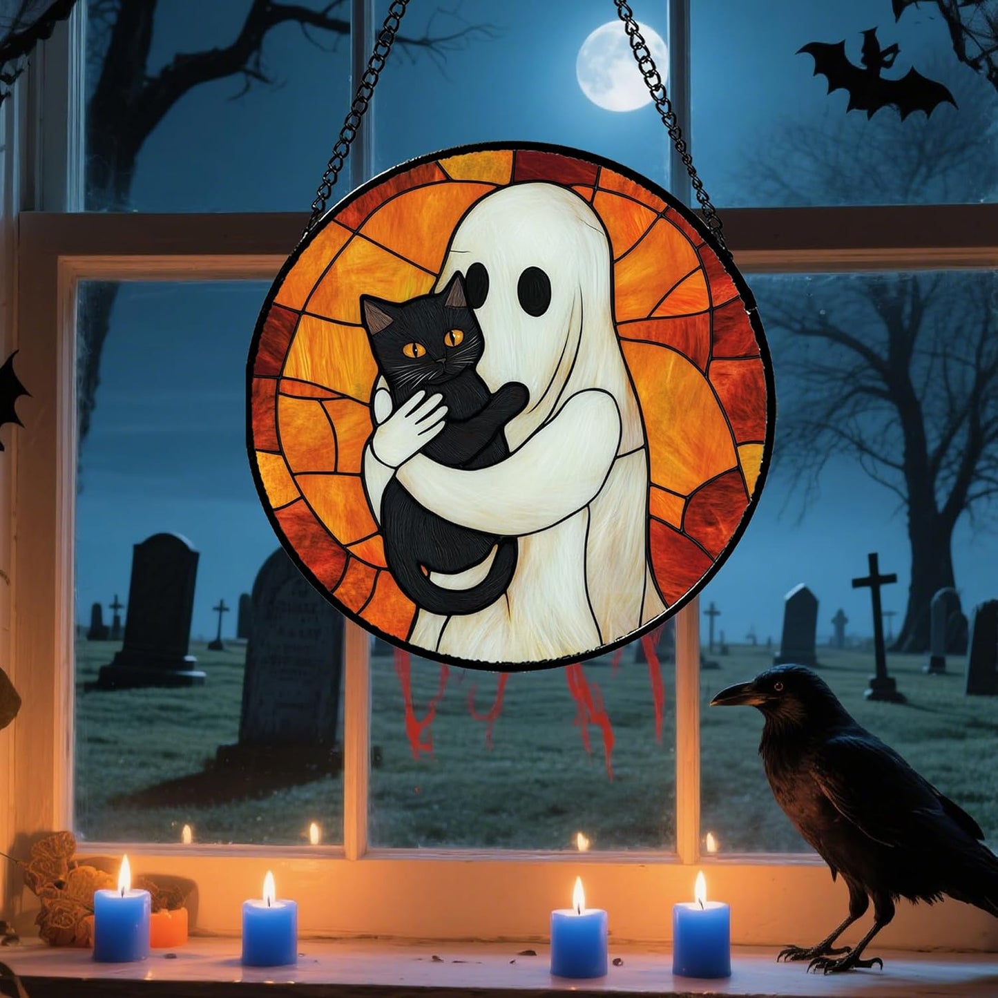 Colgante vidrieras Halloween gato negro atrapasoles