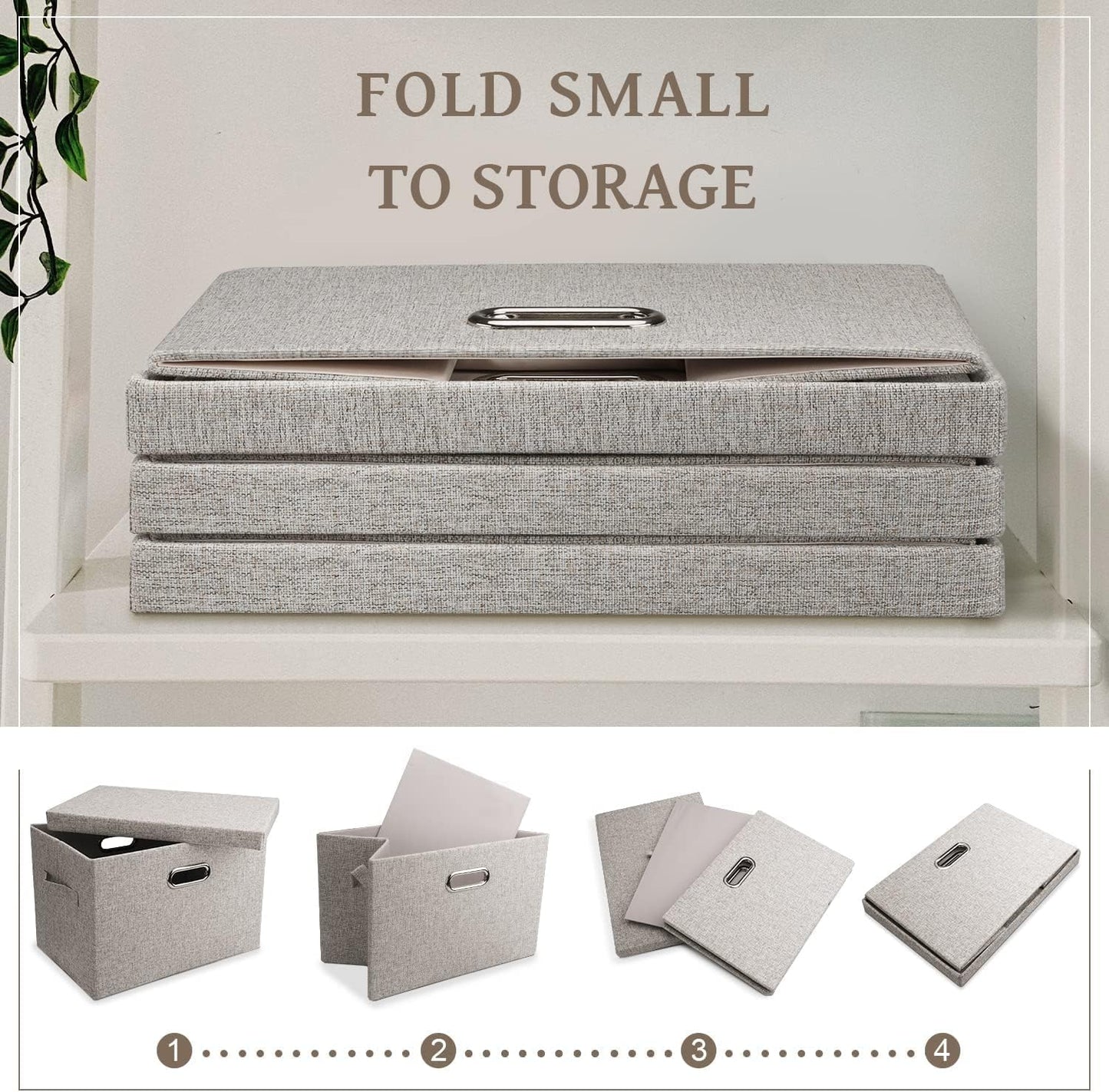 Cestas plegables de lino beige 15x21" con tapa 5 pzas