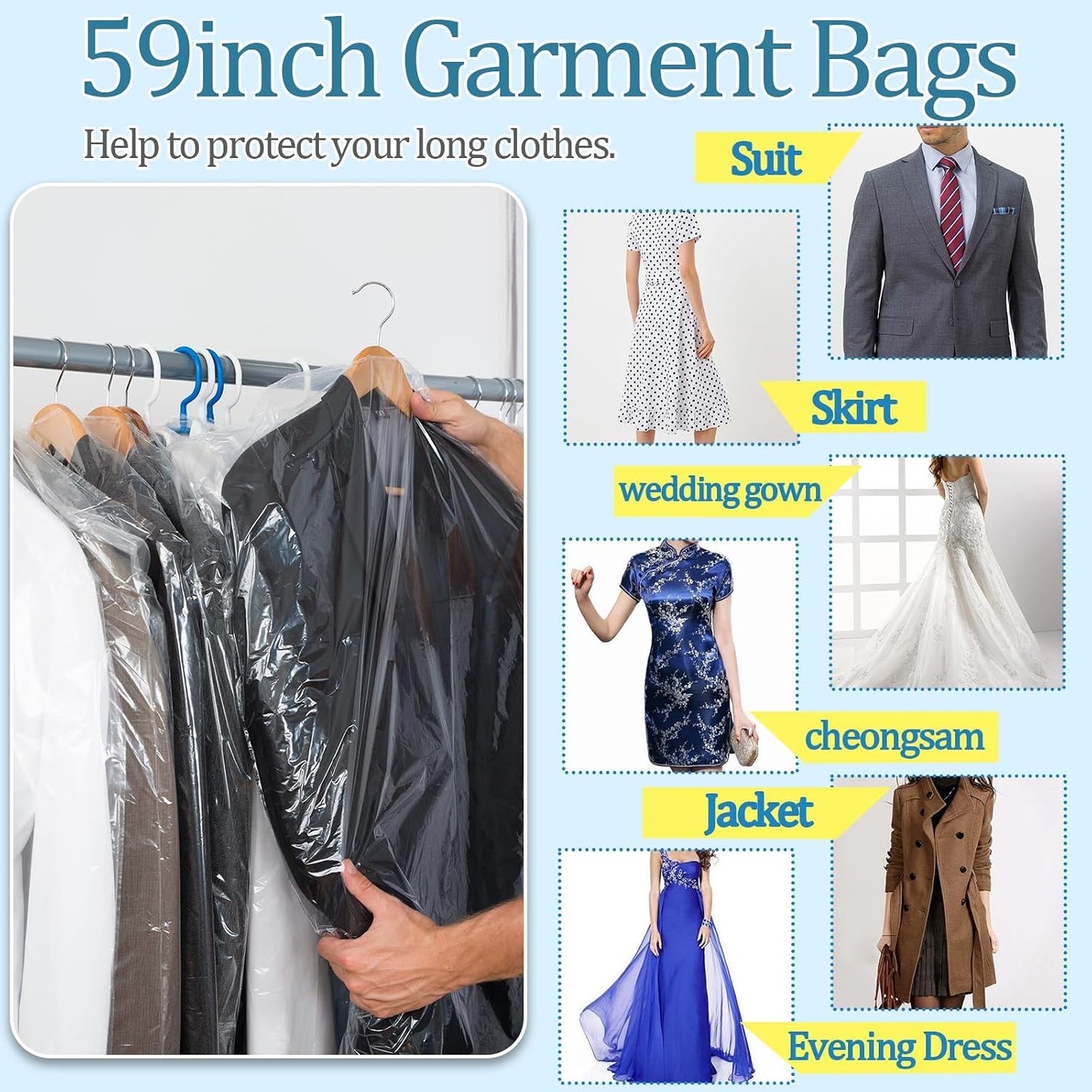 100 Bolsas Plástico Transparente para Colgar Ropa 59"