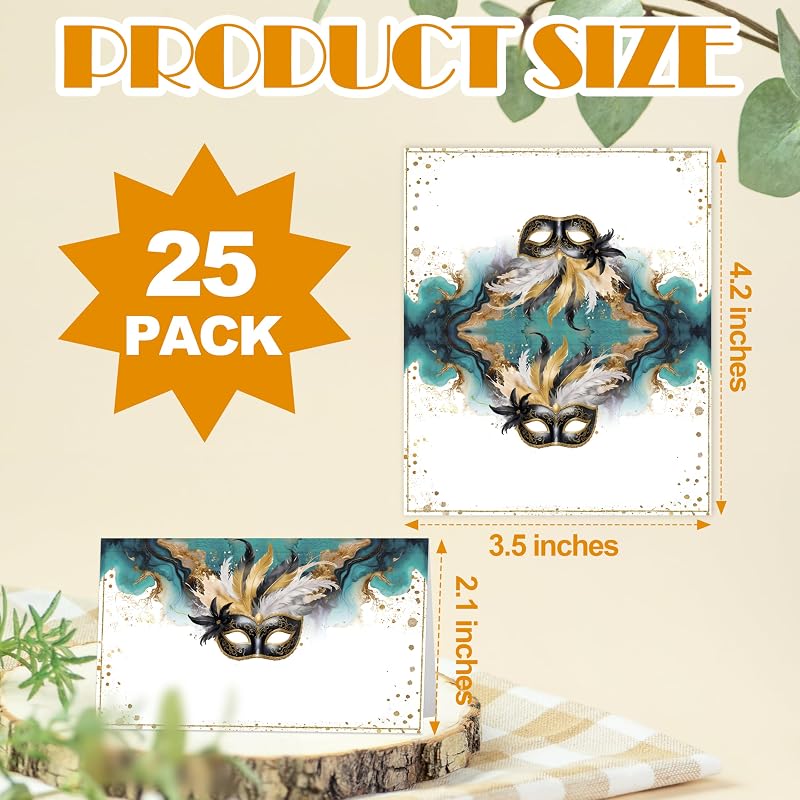 Tarjetas mesa fiesta máscaras con nombre 25