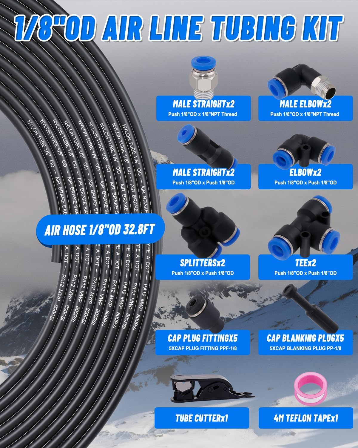 Kit manguera aire 1/8pulg 10m SAE J844 con cortador y cinta teflón