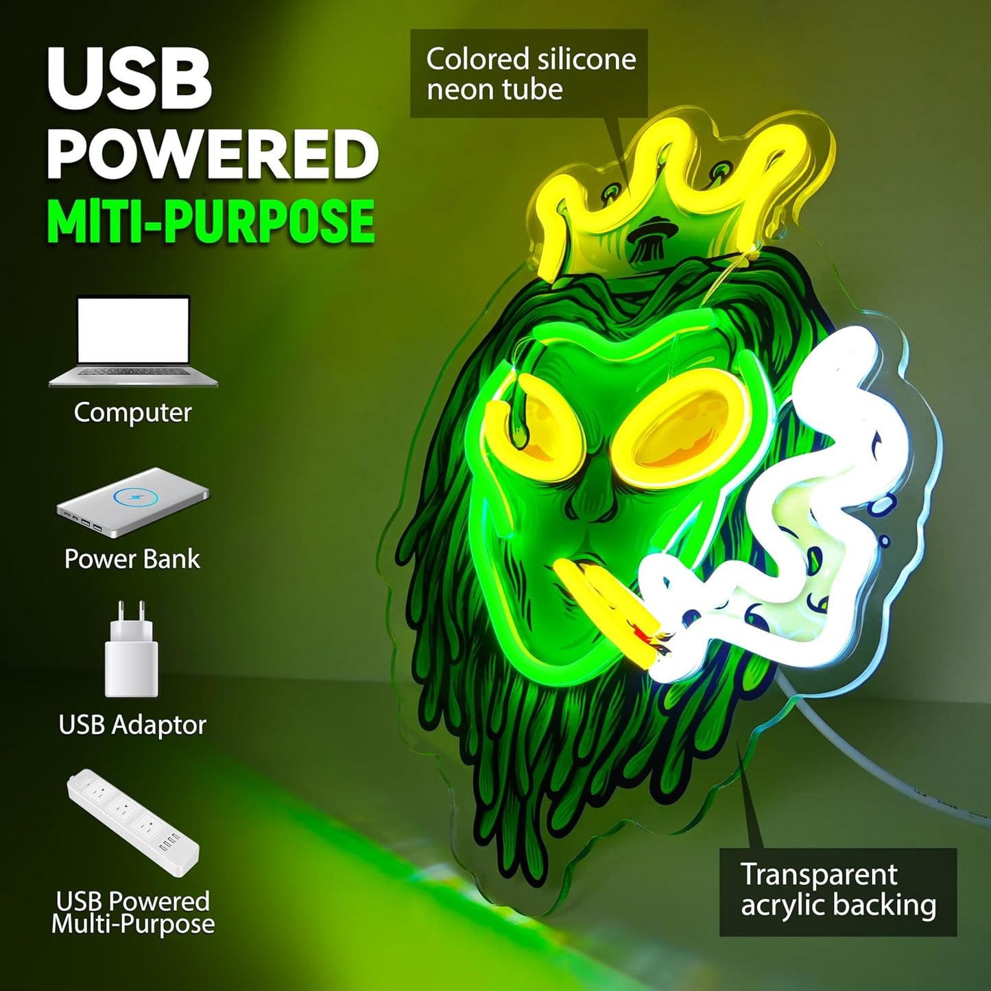 Letreros neón alienígena verde con luces LED USB regulables