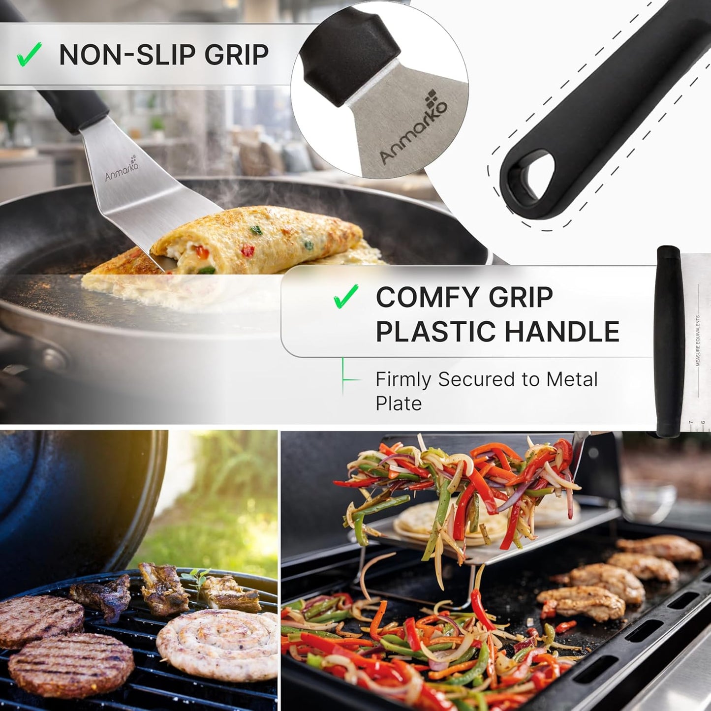 Juego 3 espátulas acero inox para hierro fundido y parrilla