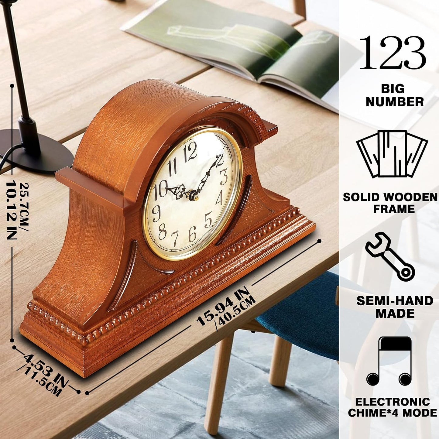 Reloj de repisa vintage con campana de hora marco madera