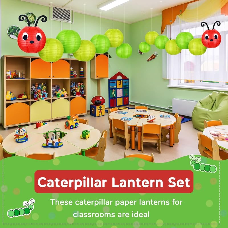 14 Linternas Papel Oruga Decoración Cumpleaños Escuela Rojo Verde