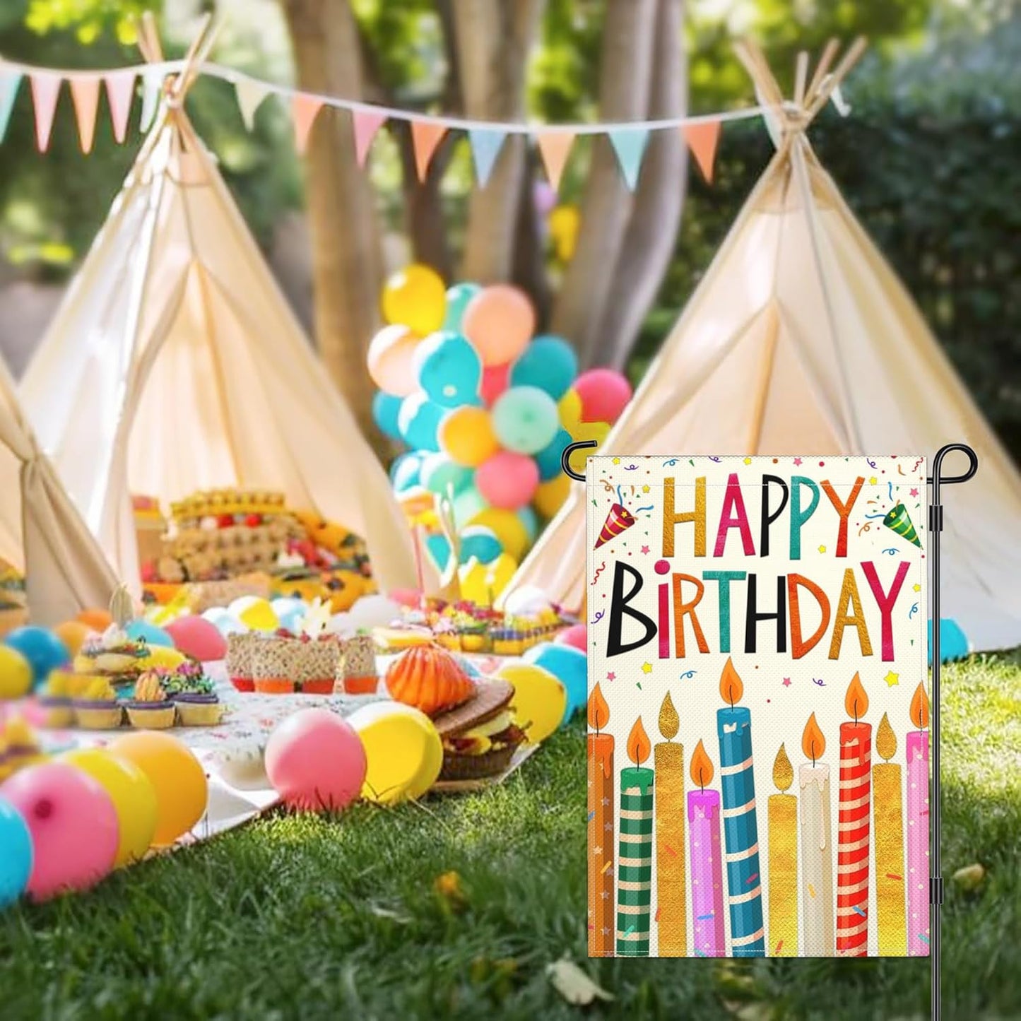 Banderas jardín feliz cumpleaños 12x18pulg doble cara poliéster