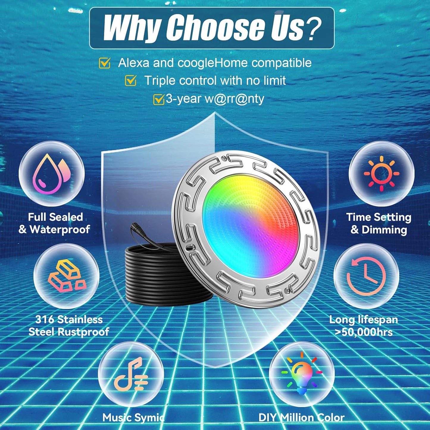 Luces LED WiFi para piscina enterrada 60ft triple control