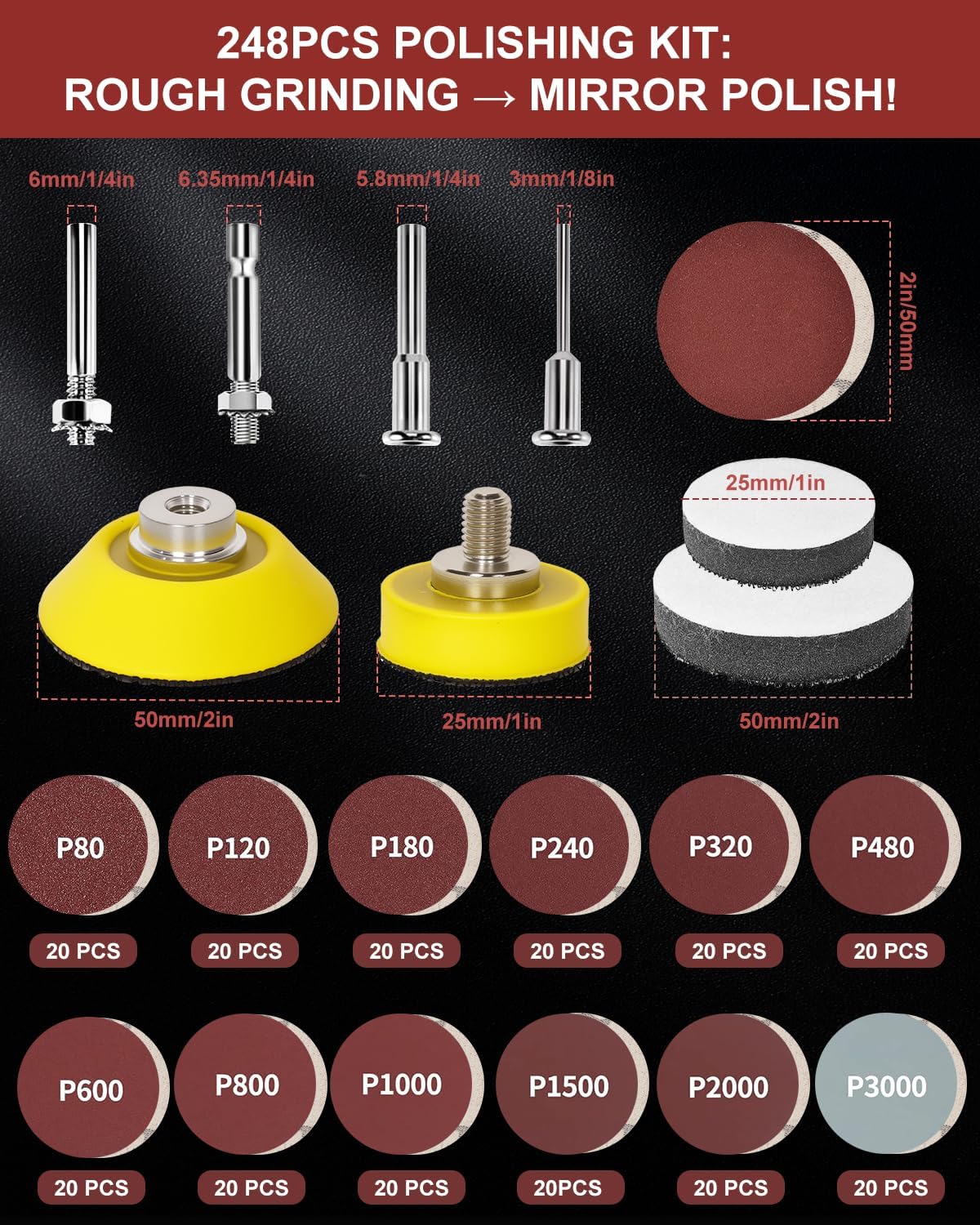 250 Discos Lija 2pulg Grano 80-3000 para Dremel y Amoladora