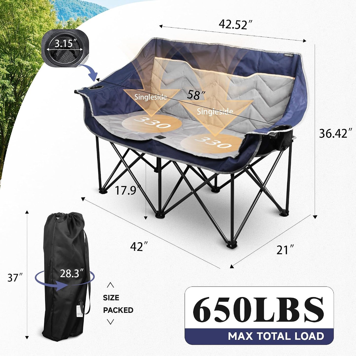Silla campamento doble acolchada plegable para 2 adultos