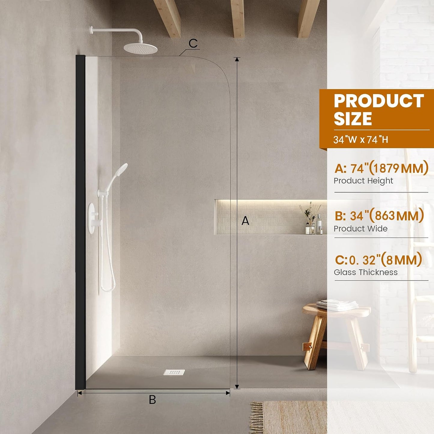 Panel ducha cristal 34x74pulg sin marco vidrio templado