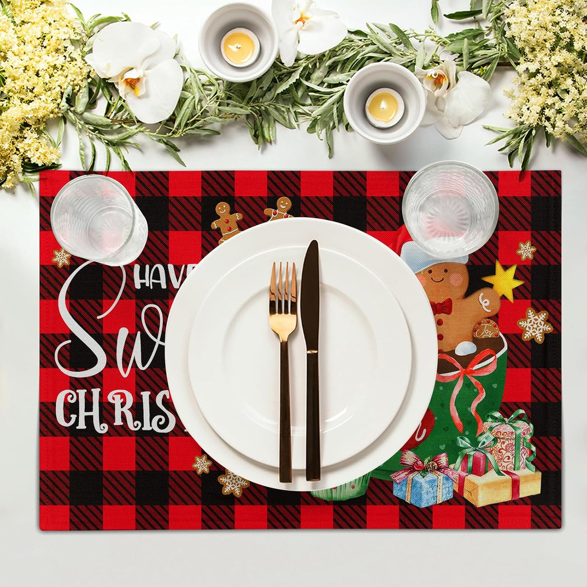 Set 4 Manteles Navidad Buffalo Rojo y Negro 12pulg