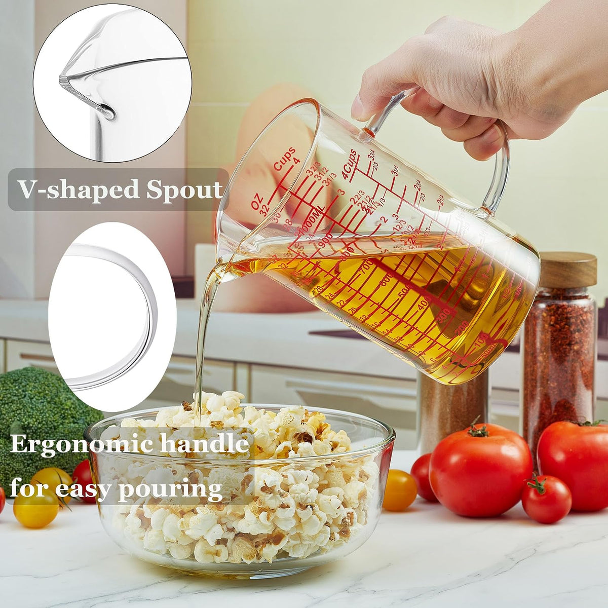 Taza medidora vidrio borosilicato 32oz con mango aislado
