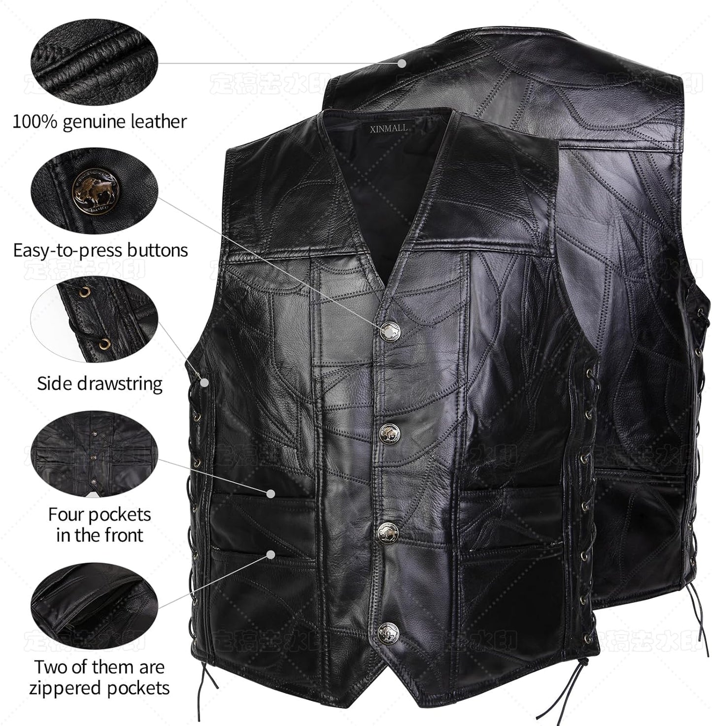 Chaleco motociclista cuero genuino para hombre negro