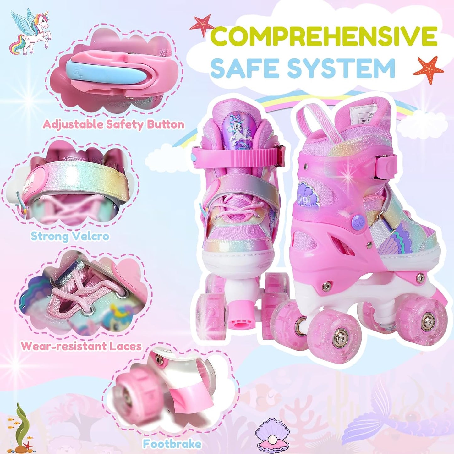 Patines ajustables para niñas con luz unicornio y sirena