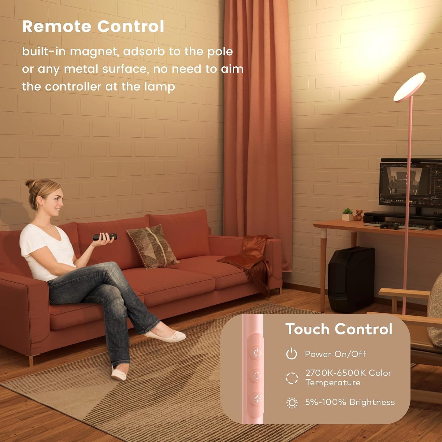 Lámpara pie regulable rosa 36W 2700-6500K control táctil