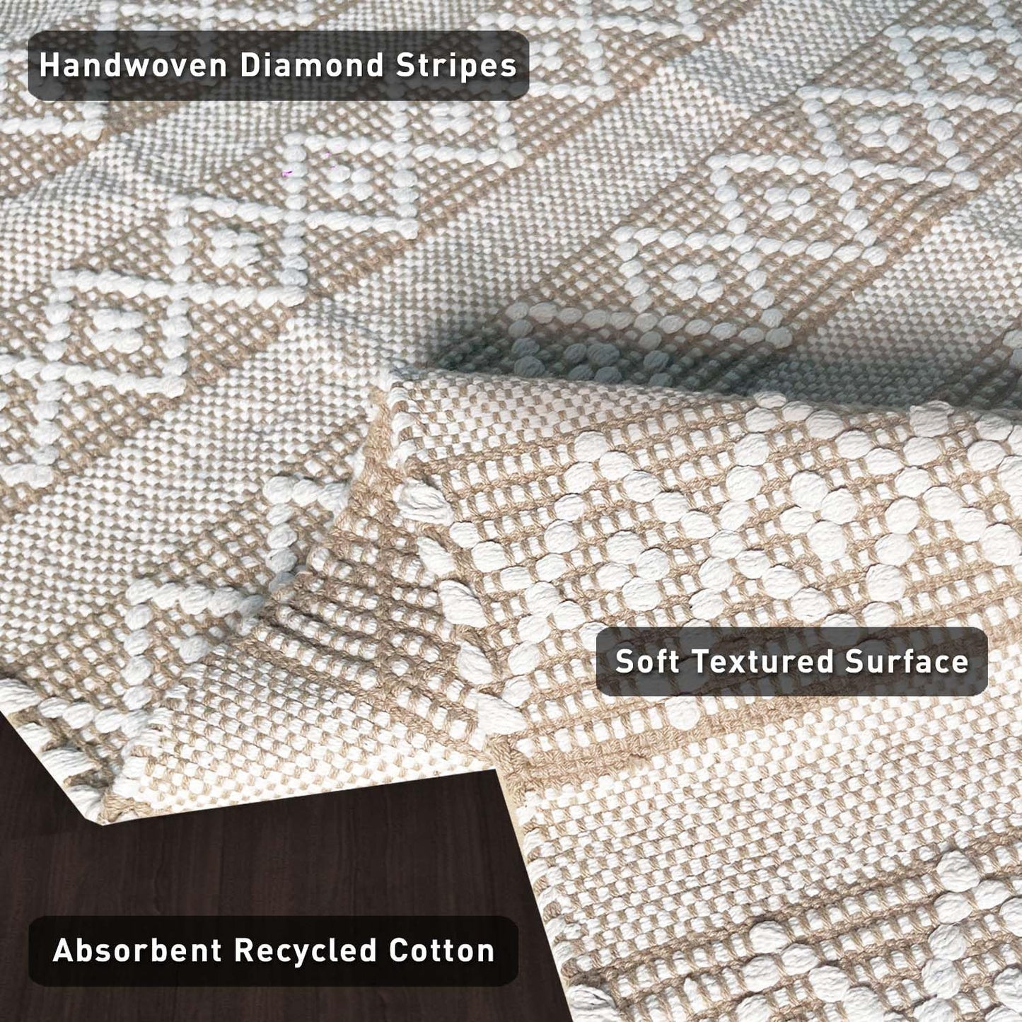 Alfombra bohemia beige y blanca 2x5ft tejida a mano lavable