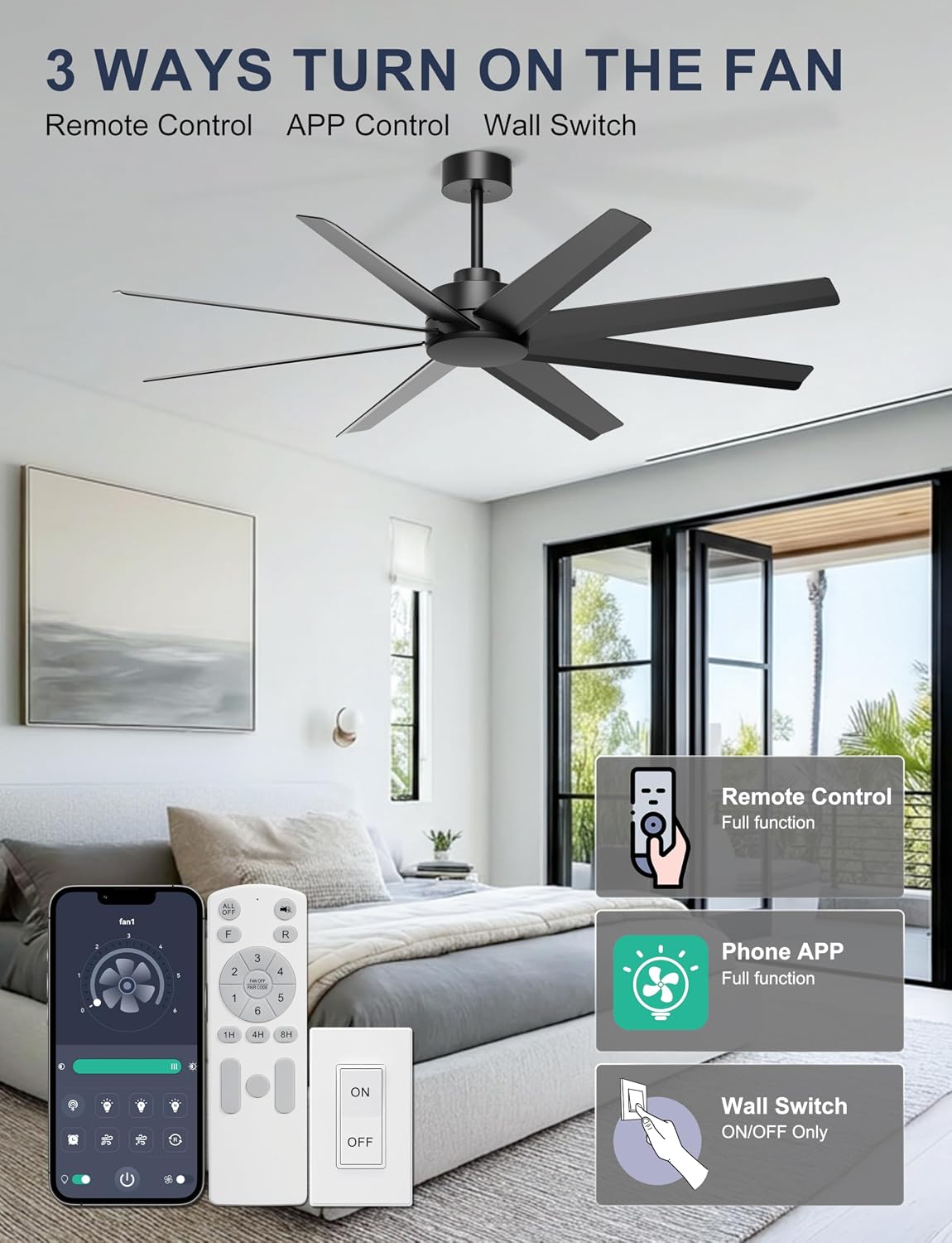 Ventilador techo 60pulg negro 8 aspas control remoto motor CC