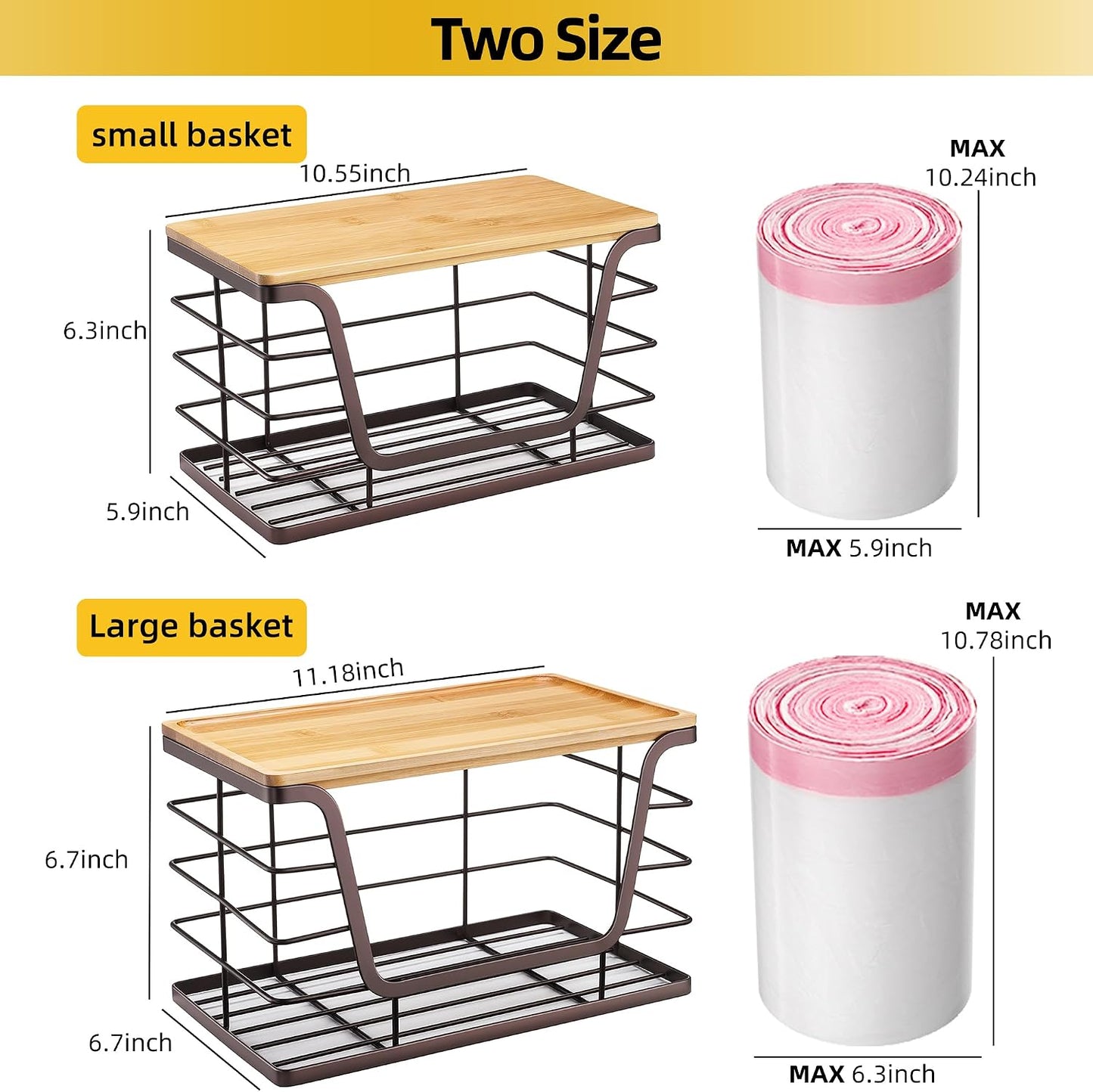 2 Cestas Almacenamiento Bambú Dispensador Bolsas 4-13gal