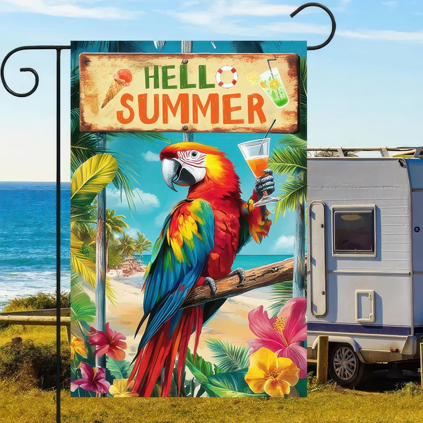 Bandera jardín doble cara hello summer 12x18pulg tropical