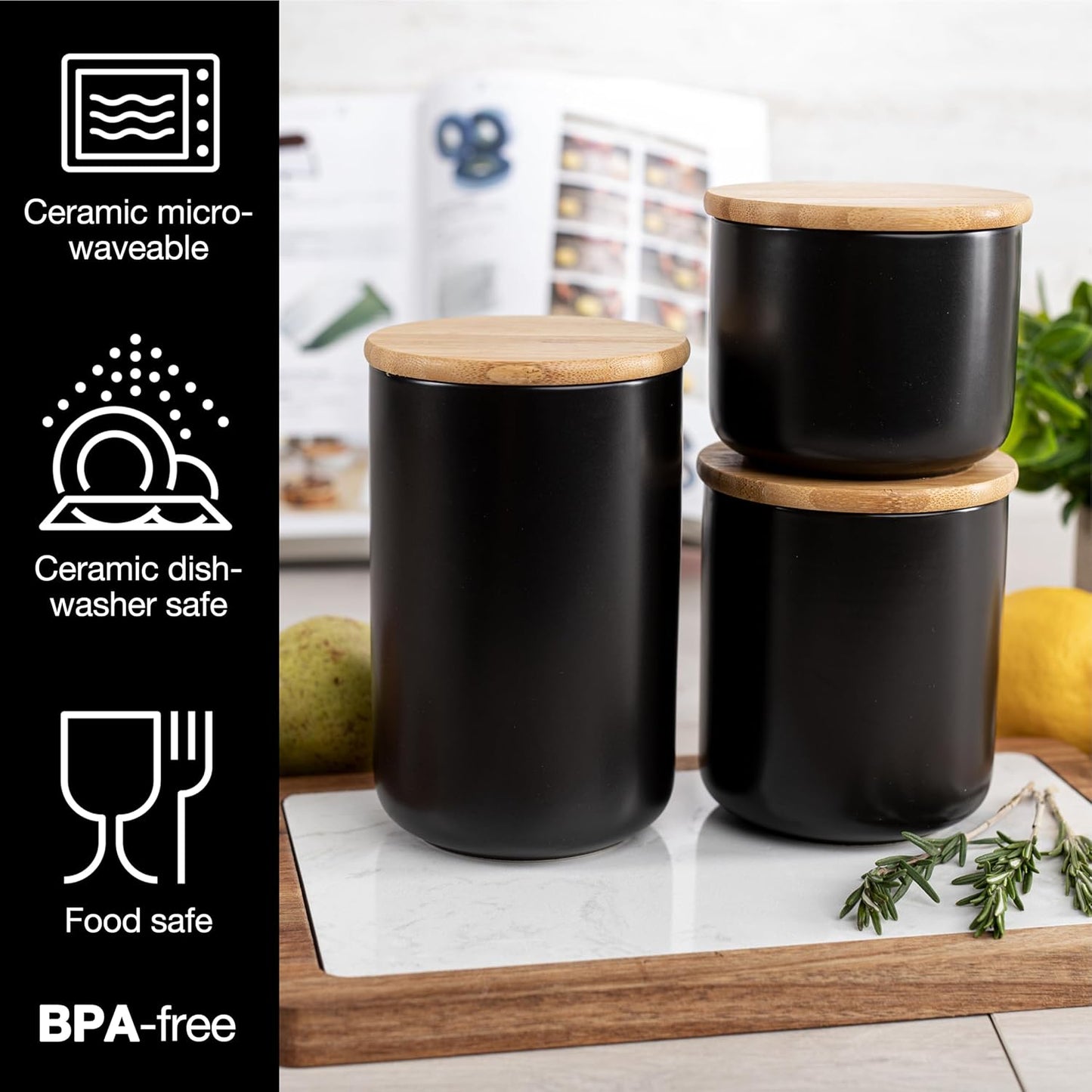3 Tarros Cerámica para Galletas con Tapa Bambú Negro